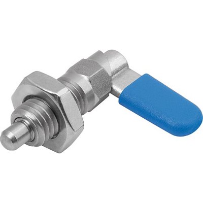 KIPP - SPERRRIEGEL MIT SECHSKANT, D=8, M16, SW1=16, FORM:D, MIT KAPPE, MIT MUTTER, EDELSTAHL BLANK, KOMP:THERMOPLAST BLAU