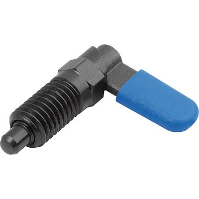 KIPP - SPERRRIEGEL MIT ANSCHLAG, RECHTS, D=8, M16, FORM:C M. GEWINDEHÜLSE, M. KAPPE, STAHL BRÜNIERT, KOMP:POLYPROPYLEN BLAU