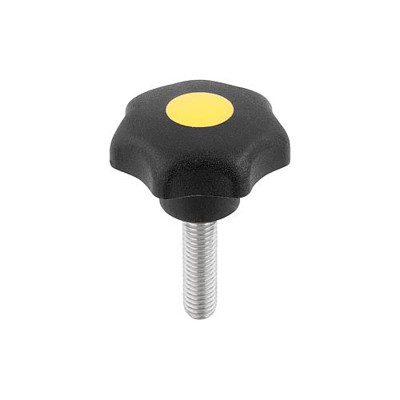 KIPP - STERNGRIFF ÄHNLICH DIN6336 D=M08X40, D1=40 H=25, FORM:L, THERMOPLAST SCHWARZ, KOMP:EDELSTAHL DECKEL:GELB