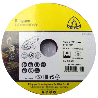 KLINGSPOR - Fiberscheibe CS 561, 115 x 22 mm Korn 40 Sternloch, SB-verpackt, 5 Stück