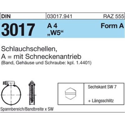 Schlauchschelle DIN 3017 Form A W5 Edelstahl A4 ø20-32 x 12mm