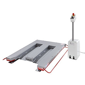 Flachform-Hubtisch, Baureihe E, Tragfähigkeit 1500 kg, LxB 1300 x 1150 mm, 230 V Wechselstrom.