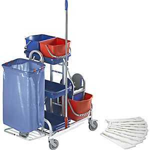 Edelstahl-Reinigungswagen-Set, mit 4 Eimern, Halter und 10 Mopps, Kunststoffrollen.
