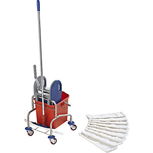 Edelstahl-Reinigungswagen-Set, 25-l-Eimer, Halter und 10 Mopps, inklusive Mopppresse.