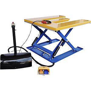 Flachform-Hubtisch, E-Form, Tragfähigkeit 1200 kg, Fuß-Bedienelement.