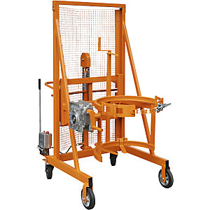 Fasshebe- und Kippgerät Liftomat L/M, Hubhöhe 1100 mm, Tragfähigkeit 350 kg, gelborange.