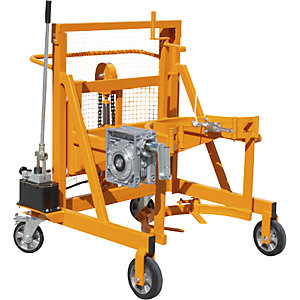 Fasshebe- und Kippgerät Liftomat L/M, Hubhöhe 450 mm, Tragfähigkeit 350 kg, gelborange.